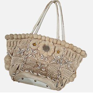 FIGUE Tuktuk Cotton Canvas Tote Bag Bohemian Style Cowrie Shells Pom Pom Purse